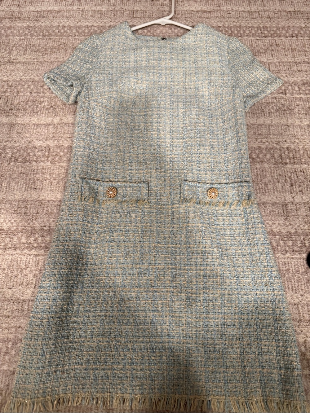 Classic Tweed Short-Sleeve Shift Dress in Light Blue